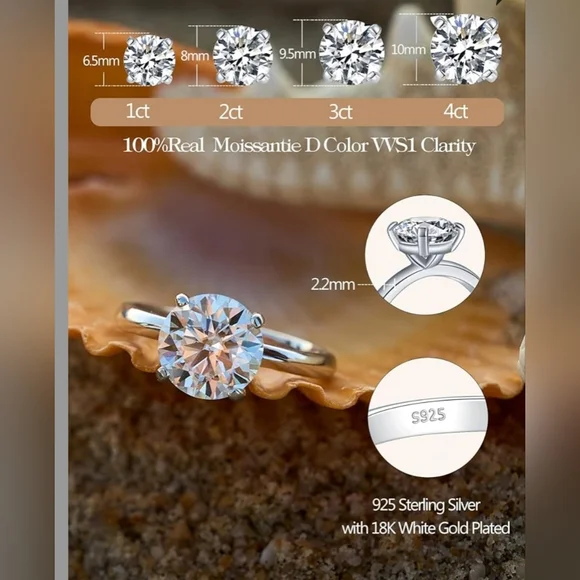 4ct Moissanite CERTIFIED Diamond Ring 18kgp 925 Sterling Silver